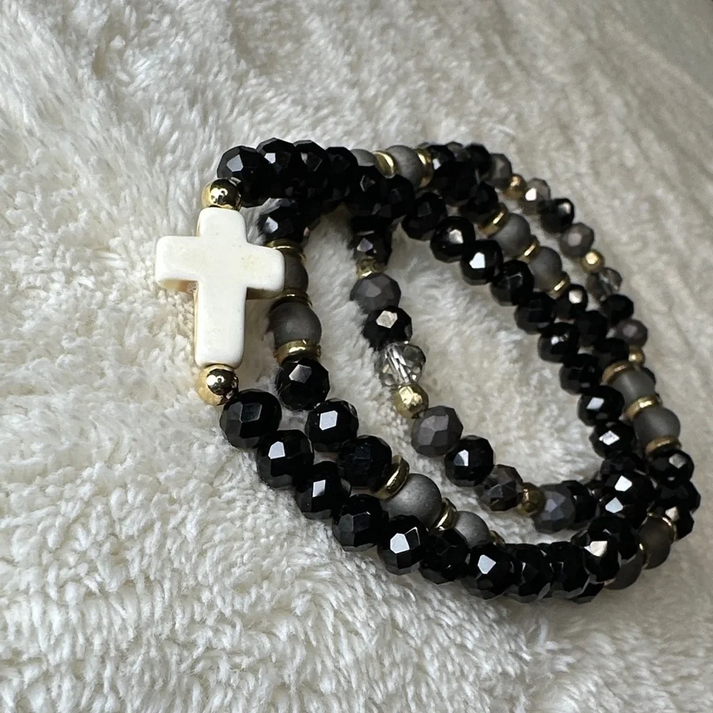 Beaded Bracelet Set of 3 w/Cross Charm on Black & Mirrored Grey & Gold Tone NWOT